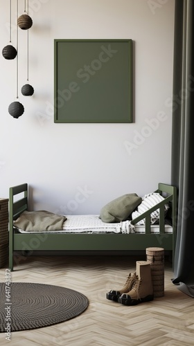 Frame mockup in boys room in military style room interior, 3D rendering, Generative AI