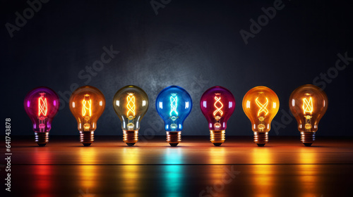 Multi coloured light bulbs. A great idea. Inpiration. Symbolism. Desktop background. photo