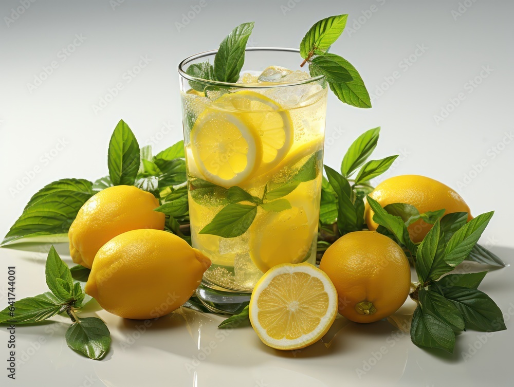 Lemonade with fresh mint and lemons on a white background. Lemonade with fresh mint and lemons on a white background.