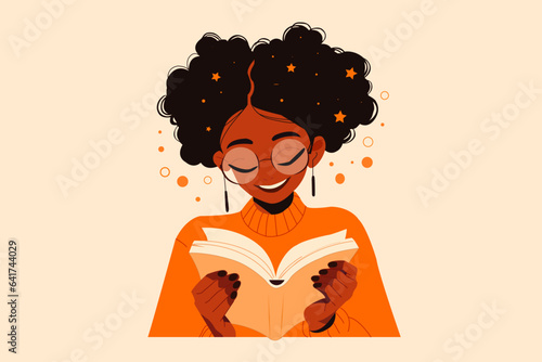 Young black girl reading a book. Modern vector flat illustration. Young student with open book studying for exam. Love to read