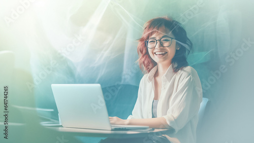 Digital Drawing of the illustrated Young technologist woman sitting and using laptop. Beautiful young woman in casual clothing using laptop and smiling while working indoors. Generative AI. photo