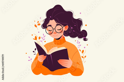 Young girl reading a book. Modern vector flat illustration. Young student with open book studying for exam. Love to read.