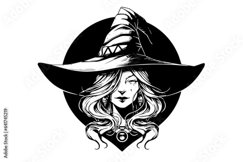 Witch halloween woman hand drawn ink sketch. Engraving style vector illustration