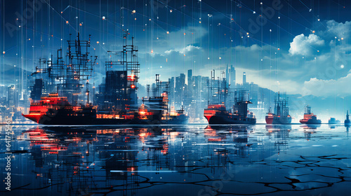 A bustling digital harbor where data packets, shaped like trade goods, are transferred between ships and docks