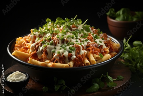 Pasta with meat, tomato sauce and parmesan on dark background. 