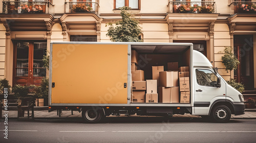 Truck full of moving boxes and furniture. Mover service and Moving service concept. Generative Ai