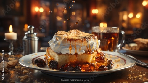 Cake with whipped cream and caramel glaze on a wooden table. A glass of brandy with marshmallows. 