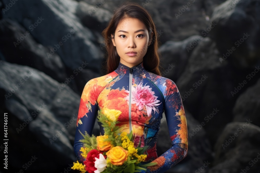 Studio portrait photography of a merry girl in her 20s holding a bouquet of flowers showing off a vibrant rash guard at the aogashima volcano in tokyo japan. With generative AI technology Studio portrait photography of a merry girl in her 20s holding a bouquet of flowers showing off a vibrant rash guard at the aogashima volcano in tokyo japan. With generative AI technology