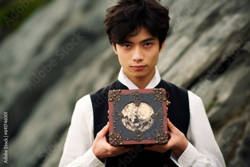 Headshot portrait photography of a tender boy in his 30s holding a box showing off an elegant corset at the aogashima volcano in tokyo japan. With generative AI technology photo