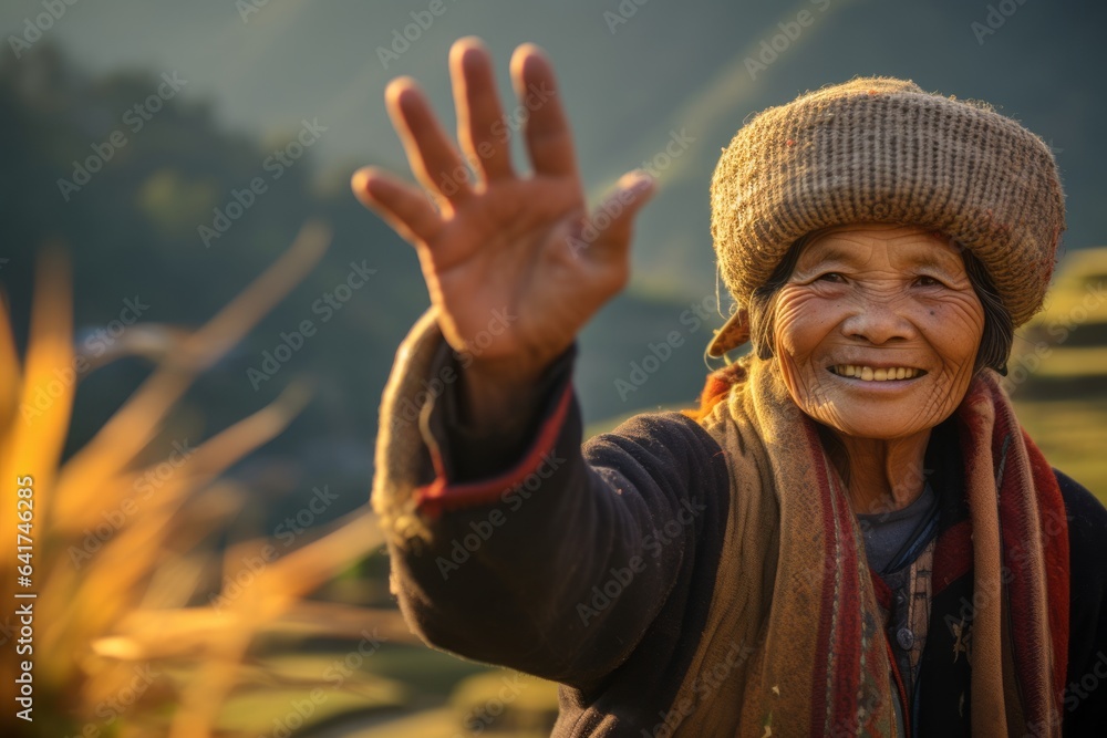 Lifestyle portrait photography of a tender mature woman waving hello donning a warm wool beanie at the banaue rice terraces in ifugao philippines. With generative AI technology