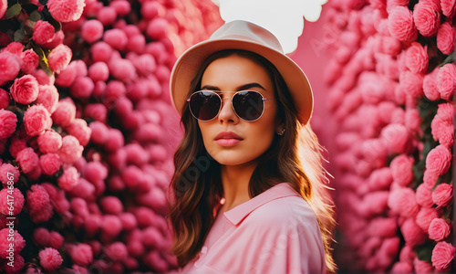 Beautiful model woman wearing glasses during the day, faschion fashion style, nature colors style photo