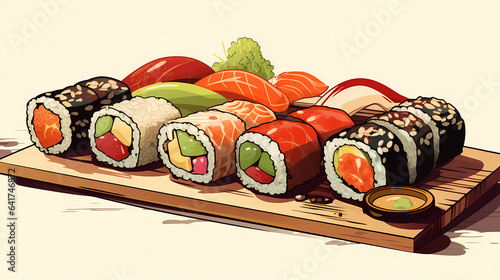 hand drawn cartoon japanese food sushi illustration
 photo
