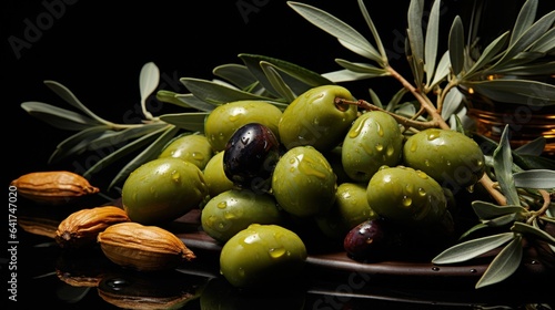 Olive branch with green olives on black background. Studio shot. 