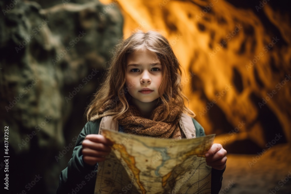 Lifestyle portrait photography of a tender kid female holding a map dressed in a comfy fleece pullover at the waitomo glowworm caves in waikato new zealand. With generative AI technology