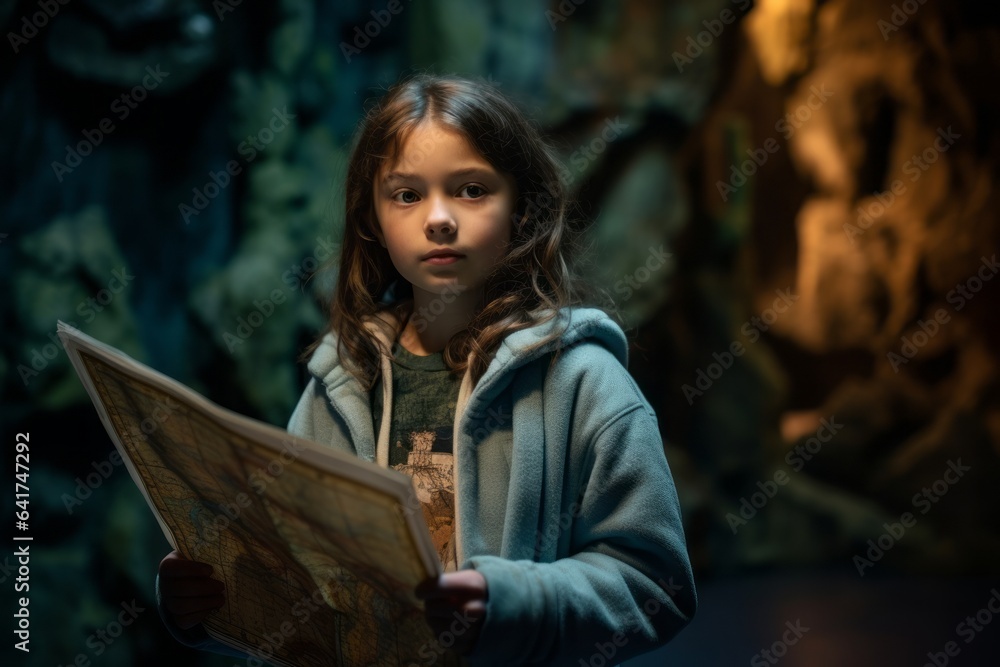 Lifestyle portrait photography of a tender kid female holding a map dressed in a comfy fleece pullover at the waitomo glowworm caves in waikato new zealand. With generative AI technology Lifestyle portrait photography of a tender kid female holding a map dressed in a comfy fleece pullover at the waitomo glowworm caves in waikato new zealand. With generative AI technology