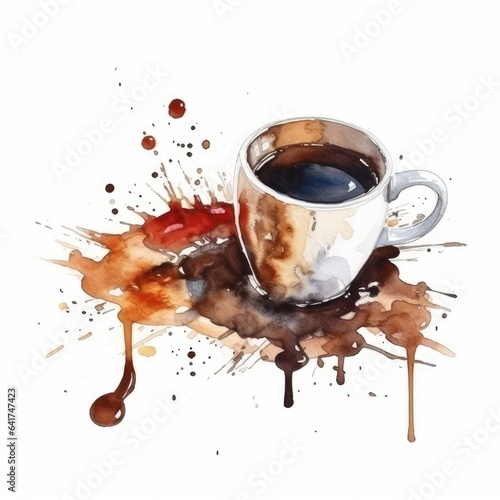 Coffee spills on white background in watercolor style. AI generated