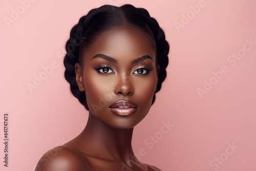 Beautiful african american woman with makeup on pink background.Generative Ai