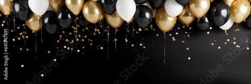 Birthday. Black Friday sale. Background with black and gold white balloons. Holiday banner, web poster, flyer, cover card, Festive celebrate backdrop balloons
