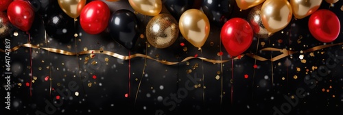 Birthday. Black Friday sale. Background with black and gold red balloons. Holiday banner, web poster, flyer, cover card, Festive celebrate backdrop balloons