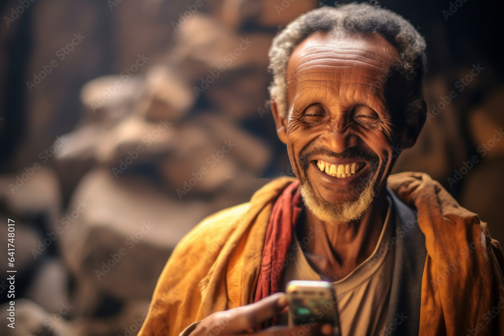 Environmental portrait photography of a grinning mature man holding a smartphone donning a bold statement necklace at the gates of hell in danakil depression ethiopia. With generative AI technology