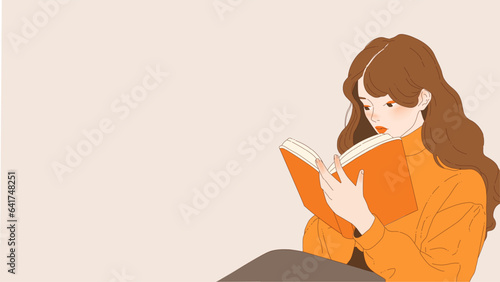 Young girl reading a book. Modern vector flat trendy illustration. Young student with open book studying for exam. Love to read