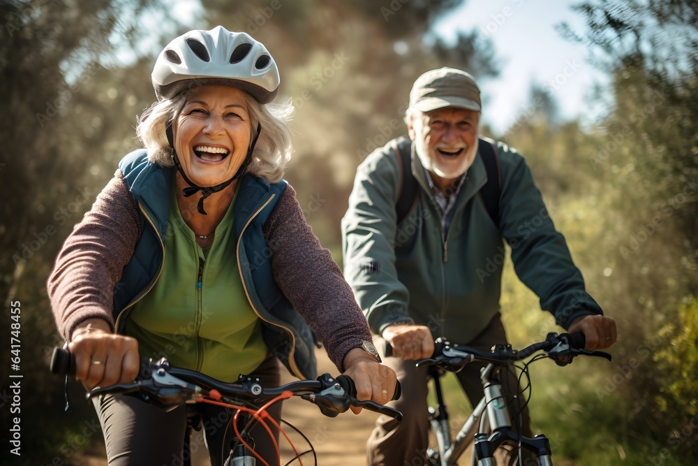 An Older Couple Riding Bicycles in the Woods