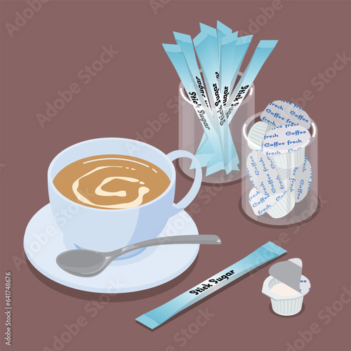 カフェオレと砂糖とミルクのアイソメトリックベクターイラスト