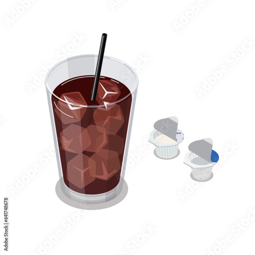 アイスコーヒーとガムシロップとミルクのアイソメトリックベクターイラスト