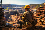 an orange construction worker wearing helmet looks out into a distant mine