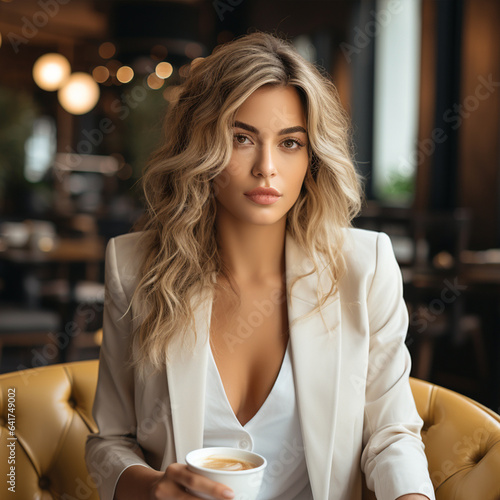 Young beautiful stylish woman with cup od coffee sitting in restaurant, ai technology