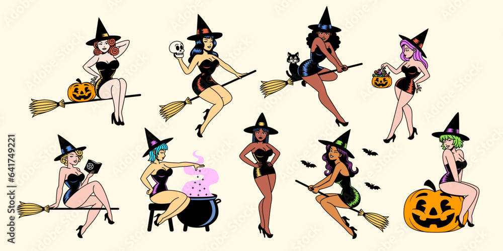 Fototapeta premium Vector Cartoon Cute Pin Up Witches Set