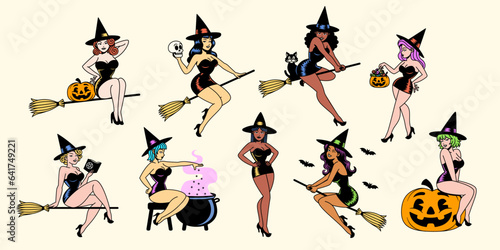 Vector Cartoon Cute Pin Up Witches Set