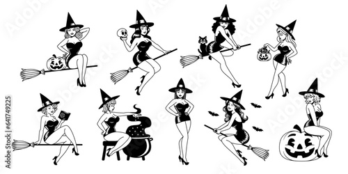Vector Cartoon Cute Pin Up Witches Set