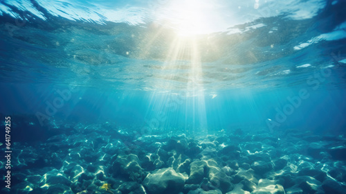 Sea underwater view with sun light. Beauty nature background
