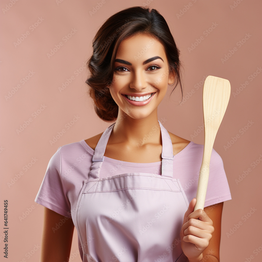 Young housewife woman in pink isolated on pastel violet background, ai technology Young housewife woman in pink isolated on pastel violet background, ai technology