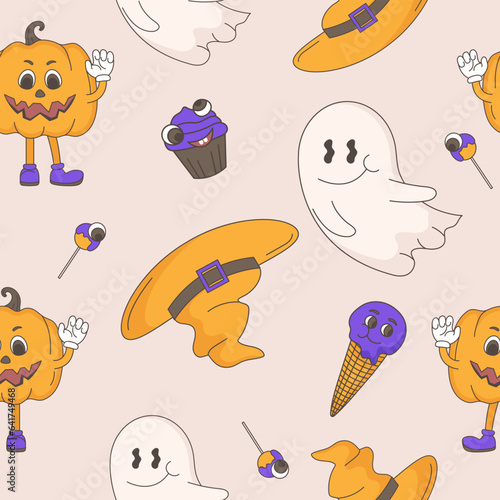 Seamless Halloween pattern. Cute retro characters. Pumpkin, candy, ghost, hat.