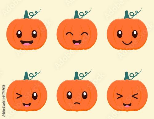 Set of cute cartoon pumpkins with kawaii eyes for Halloween holiday, Thanksgiving Day. Orange autumn pumpkin with smile. Vector flat illustration.