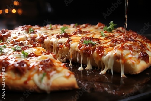 Pouring melted cheese on pieces of pizza on wooden board, closeup