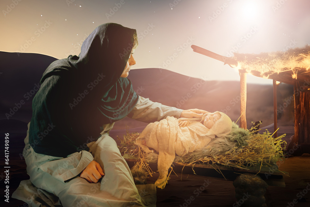 Fototapeta premium Christmas story Mary and baby Jesus in a manger