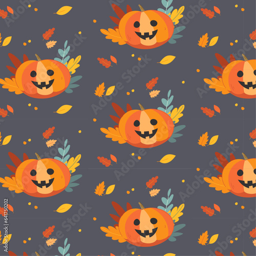 Seamless vector Halloween pattern with jack o lantern and autumn leaves on the grey background. © Maryna