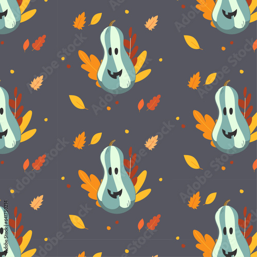 Seamless vector Halloween pattern with jack o lantern and autumn leaves on the grey background.