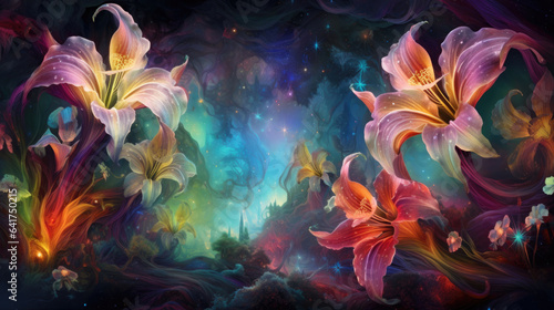 Cosmic lily in universe. Fantasy fairy tale abstract blossoming flowers with galaxy space illustration in the background with stars in cosmos. Neon psychedelic floral picture for card and banner..