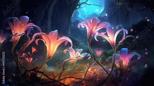 Cosmic lily in universe. Fantasy fairy tale abstract blossoming flowers with galaxy space illustration in the background with stars in cosmos. Neon psychedelic floral picture for card and banner.. © Oksana Smyshliaeva