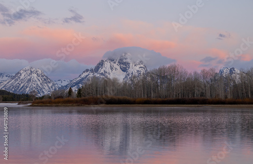 Scenic Landscape Reflection of the Tetons at Sunrise in Spring 