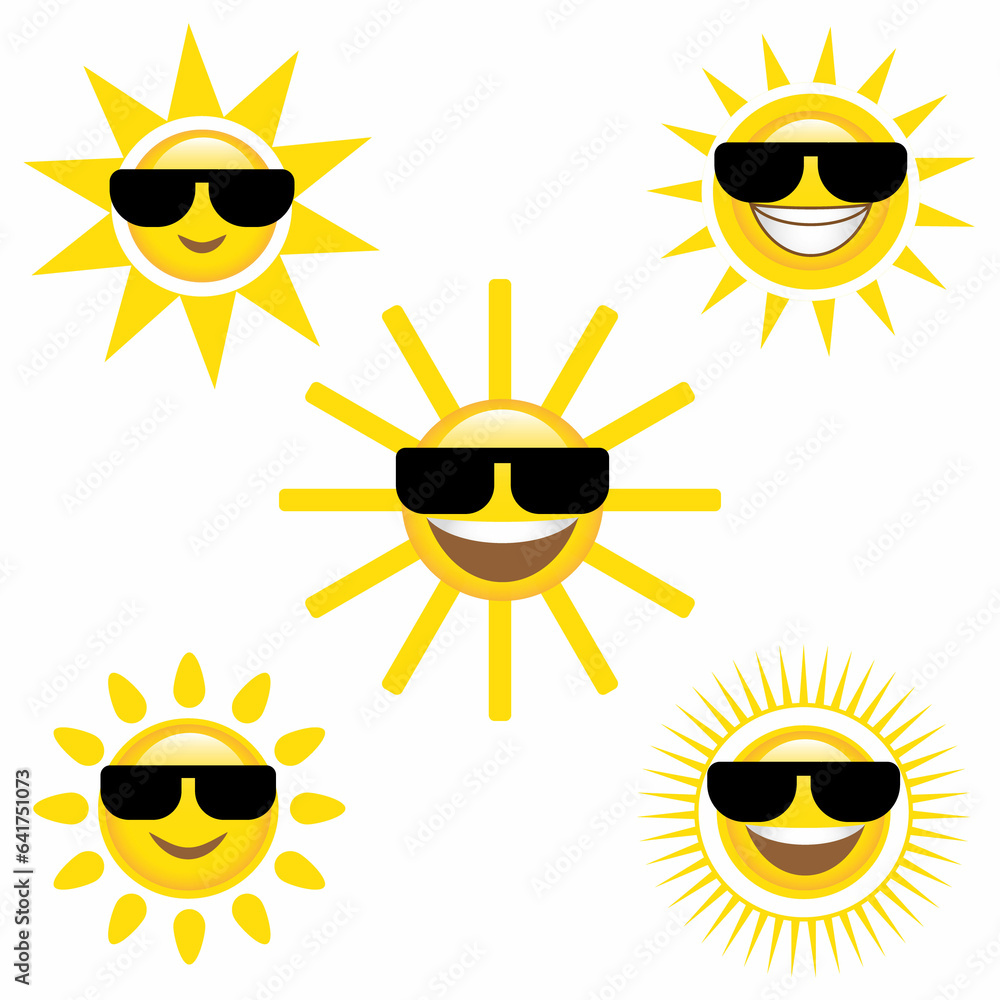 Smile Sun and sunglasses flat style icon weather and sunshine set. Forecast logo symbol collection. Vector illustration image. Isolated on white background. Smile Sun and sunglasses flat style icon weather and sunshine set. Forecast logo symbol collection. Vector illustration image. Isolated on white background.
