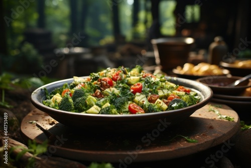 Fresh vegetable salad in glass bowl on wooden table in the forest. 
