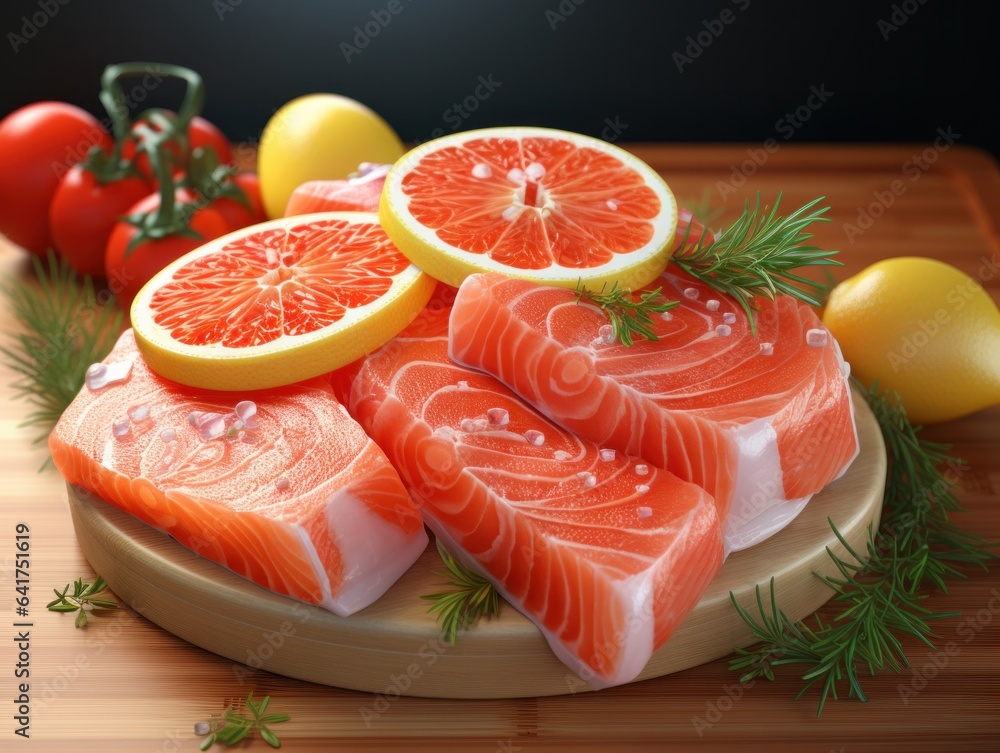 Salmon slices on cutting board with herbs and spices on wooden table. 