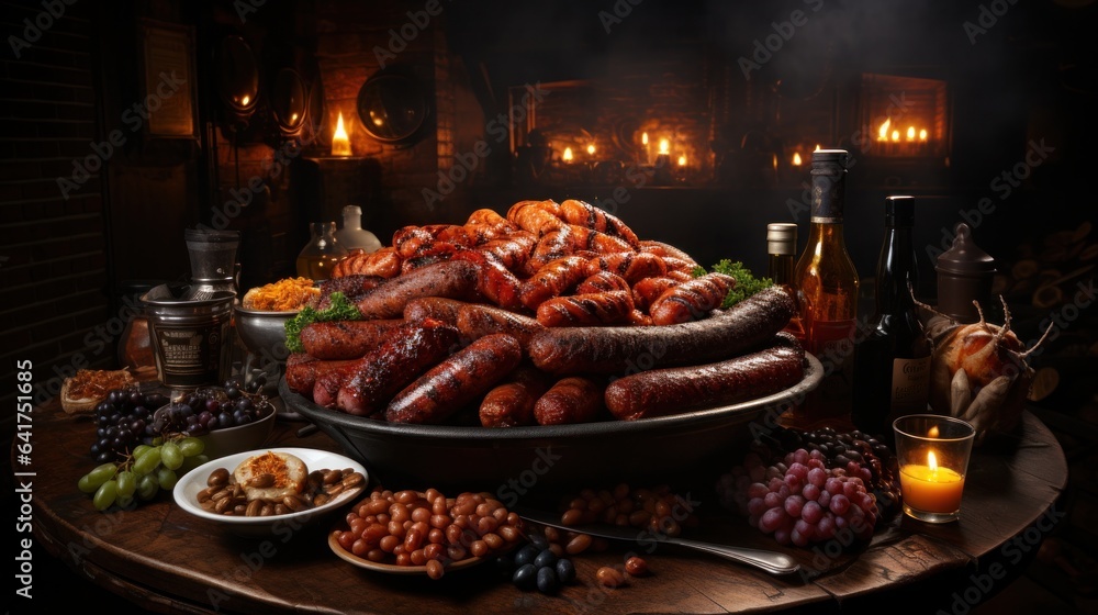 Grilled sausages with spices and vegetables on a wooden table. 