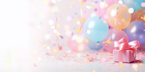 Gift box and balloons Birthday. Black Friday sale. Background mother day, xmas, christmas, wedding, valentine day, new year. Holiday banner, web poster, flyer, cover card, Festive celebrate backdrop