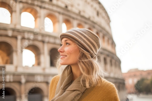Lifestyle portrait photography of a blissful girl in her 40s wearing a stylish beret against the colosseum in rome italy. With generative AI technology © Markus Schröder
